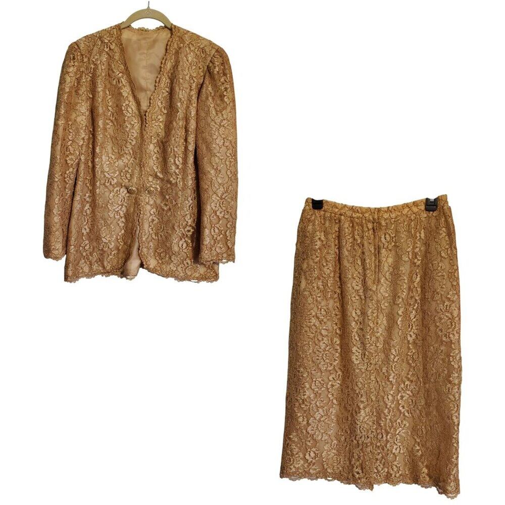 Vintage 90s Baroque Classic Gold Floral Lace Overlay Skirt Suit Set Size 14